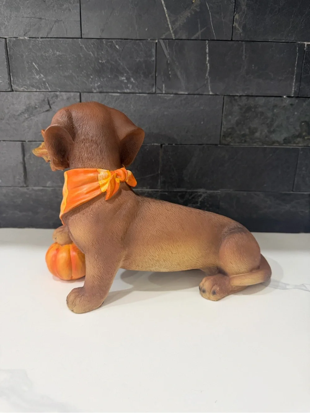 Autumn Dachshund Dog Figurine with Orange Scarf and Pumpkin